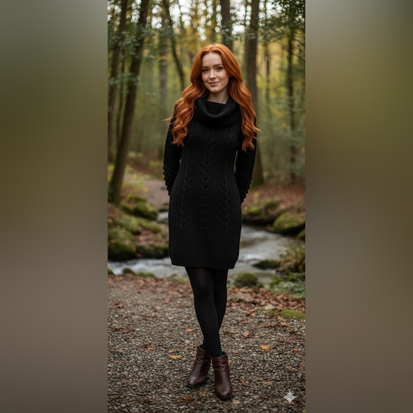 Guess by Marciano Black Wool Cable Knit Turtleneck Knit Dress Bobble Sleeve - Picture 1 of 15